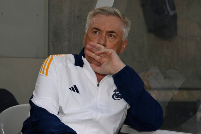 CHICAGO, ILLINOIS - JULY 31: Head coach Carlo Ancelotti of Real Madrid looks on before during a friendly soccer match against AC Milan at Soldier Field on July 31, 2024 in Chicago, Illinois.