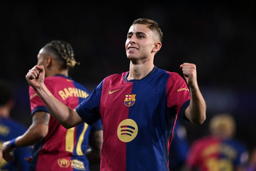 VALLADOLID, SPAIN - MAY 03: Fermin Lopez of FC Barcelona celebrates scoring his team's second goal during the LaLiga match between Real Valladolid CF and FC Barcelona at Jose Zorrilla on May 03, 2025 in Valladolid, Spain.