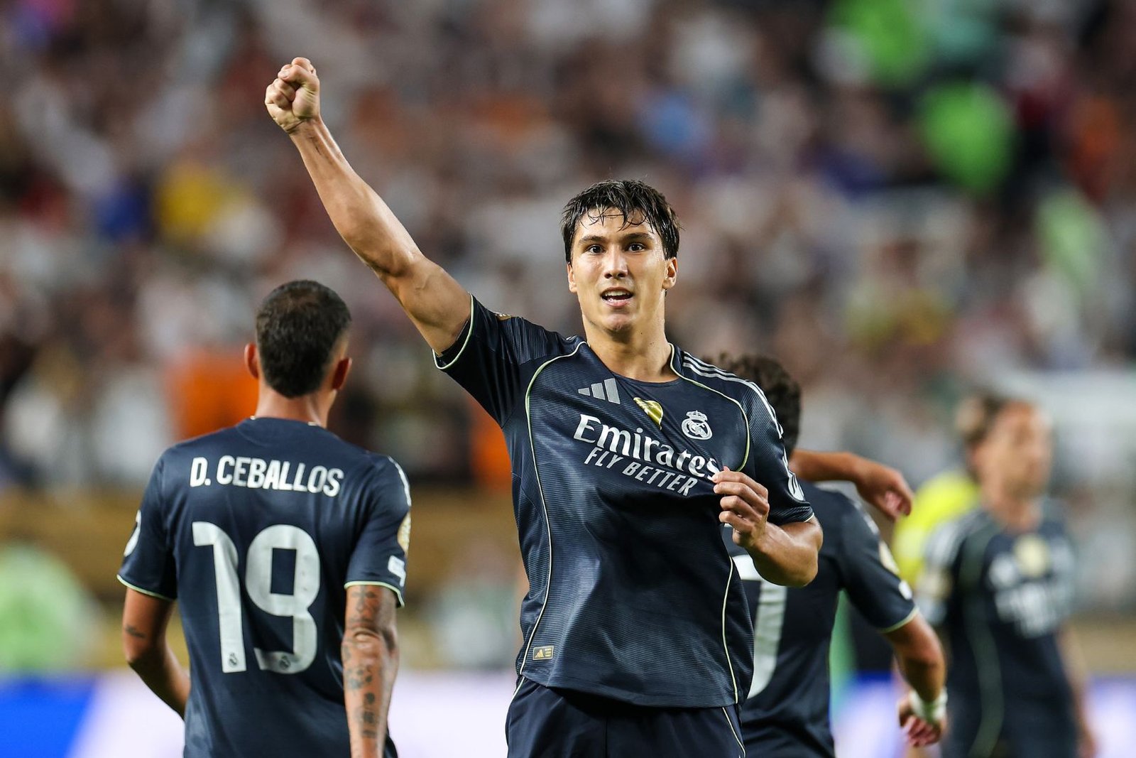 PHILADELPHIA, PENNSYLVANIA - JUNE 26: Gonzalo Garcia #30 of Real Madrid C.F. celebrates scoring his team's third goal during the FIFA Club World Cup 2025 group H match between FC Red Bull Salzburg and Real Madrid CF at Lincoln Financial Field on June 26, 2025 in Philadelphia, Pennsylvania.