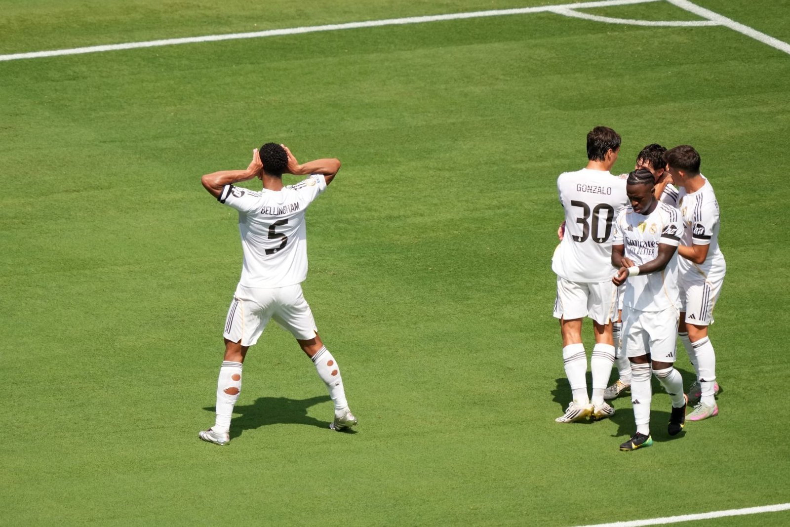 CHARLOTTE, NORTH CAROLINA - JUNE 22: Jude Bellingham #5 of Real Madrid C. F. celebrates scoring his team's first goal during the FIFA Club World Cup 2025 group H match between Real Madrid CF and CF Pachuca at Bank of America Stadium on June 22, 2025 in Charlotte, North Carolina.