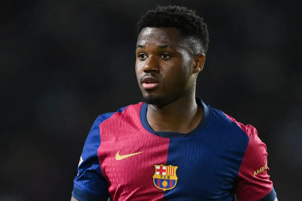 BARCELONA, SPAIN - APRIL 22: Ansu Fati of FC Barcelona looks on during the La Liga EA Sports match between FC Barcelona and RCD Mallorca at Estadi Olimpic Lluis Companys on April 22, 2025 in Barcelona, Spain.