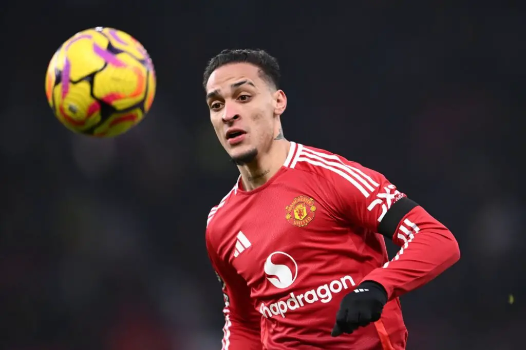 MANCHESTER, ENGLAND - JANUARY 19: Manchester United player Antony in action during the Premier League match between Manchester United FC and Brighton & Hove Albion FC at Old Trafford on January 19, 2025 in Manchester, England.
