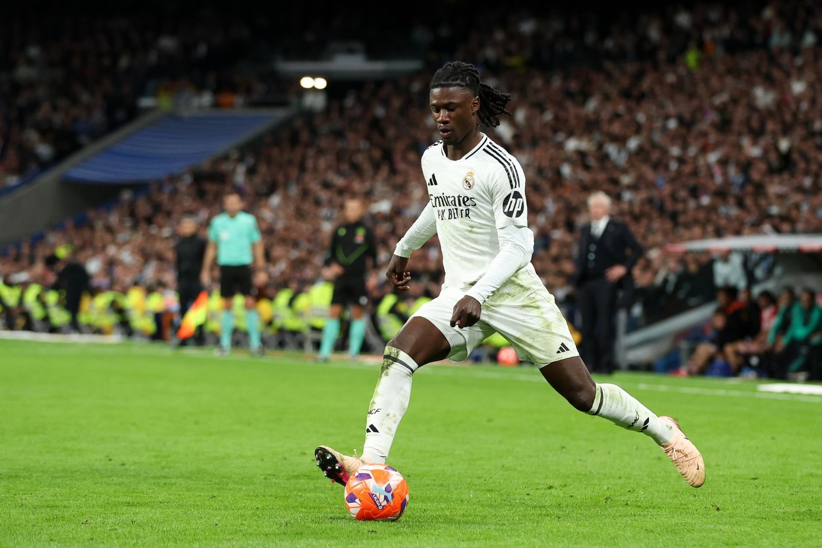 MADRID, SPAIN - APRIL 20: Eduardo Camavinga of Real Madrid CF in action during the LaLiga match between Real Madrid CF and Athletic Club at Estadio Santiago Bernabeu on April 20, 2025 in Madrid, Spain.
