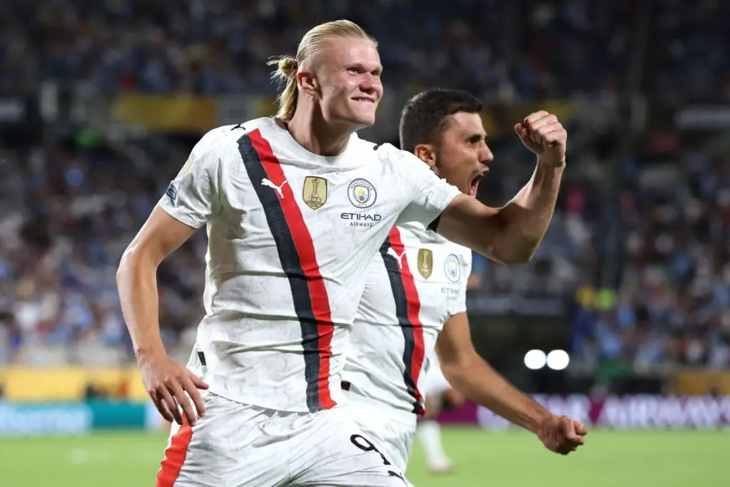 ORLANDO, FLORIDA - JUNE 30: Erling Haaland #9 of Manchester City celebrates scoring his team's second goal with Rodri #16 during the FIFA Club World Cup 2025 round of 16 match between Manchester City and Al-Hilal at Camping World Stadium on June 30, 2025 in Orlando, Florida.