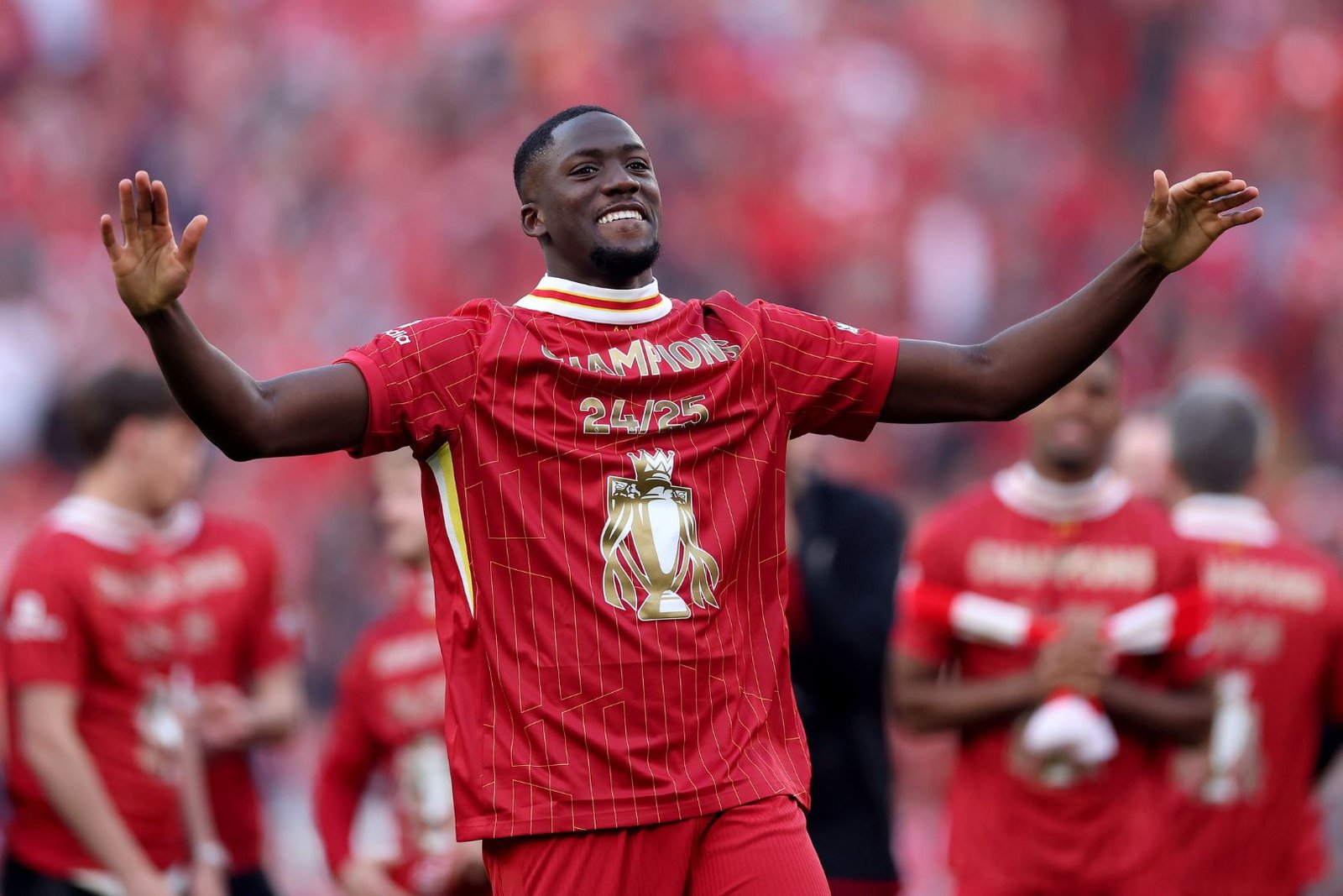 LIVERPOOL, ENGLAND - APRIL 27: Ibrahima Konate of Liverpool celebrates the teams victory and confirmation of winning the Premier League title after the Premier League match between Liverpool FC and Tottenham Hotspur FC at Anfield on April 27, 2025 in Liverpool, England.