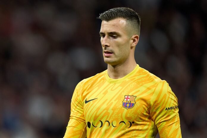 MADRID, SPAIN - OCTOBER 26: Inaki Pena of FC Barcelona looks on during the LaLiga match between Real Madrid CF and FC Barcelona at Estadio Santiago Bernabeu on October 26, 2024 in Madrid, Spain.