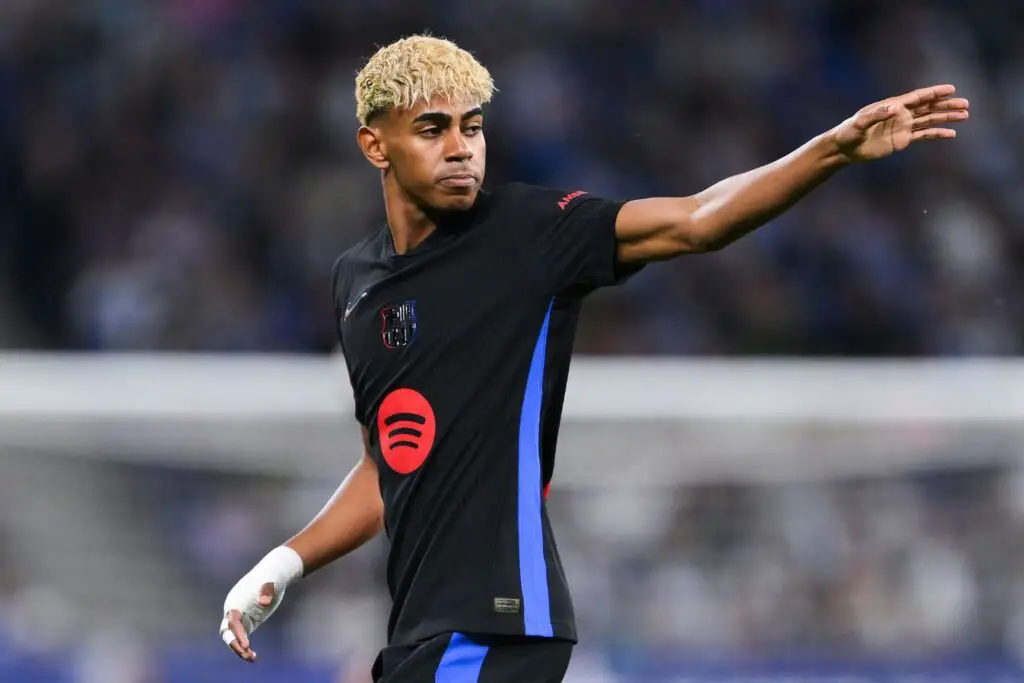 BARCELONA, SPAIN - MAY 14: Lamine Yamal of FC Barcelona looks on during the LaLiga match between RCD Espanyol de Barcelona and FC Barcelona at RCDE Stadium on May 14, 2025 in Barcelona, Spain.