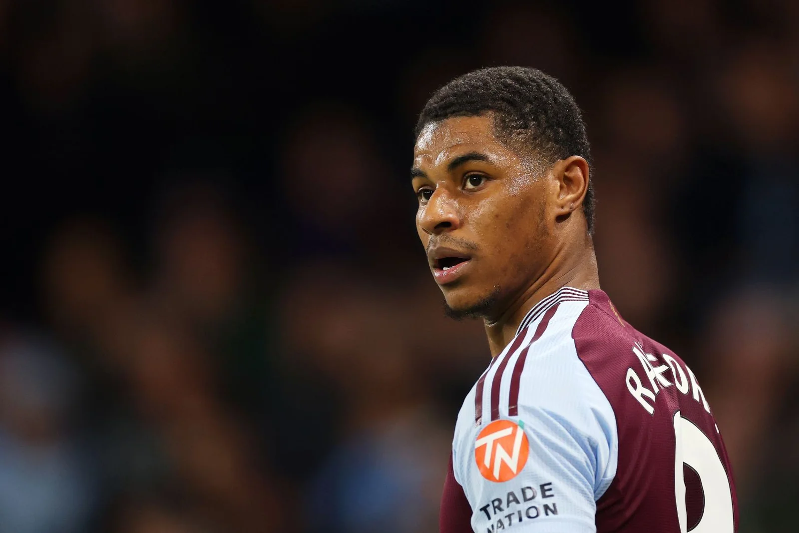 MANCHESTER, ENGLAND - APRIL 22: Marcus Rashford of Aston Villa looks on during the Premier League match between Manchester City FC and Aston Villa FC at Etihad Stadium on April 22, 2025 in Manchester, England.