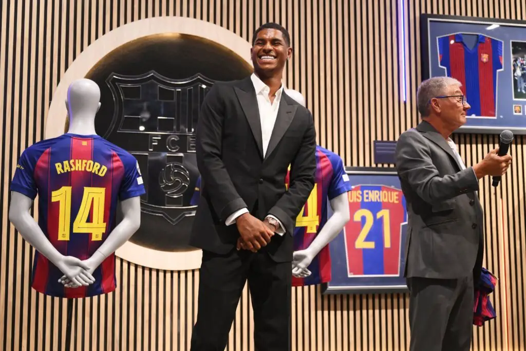 BARCELONA, SPAIN - JULY 23: Marcus Rashford of FC Barcelona looks on during the Unveiling of New Signing Marcus Rashford, after the announcement of a season-long loan move from Manchester United to FC Barcelona, at Camp Nou on July 23, 2025 in Barcelona, Spain.