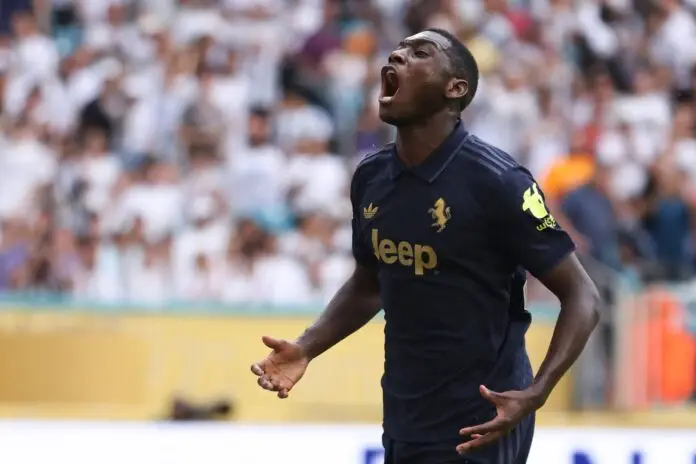 MIAMI GARDENS, FLORIDA - JULY 01: Randal Kolo Muani #20 of Juventus FC reacts during the FIFA Club World Cup 2025 round of 16 match between Real Madrid CF and Juventus FC at Hard Rock Stadium on July 01, 2025 in Miami Gardens, Florida.