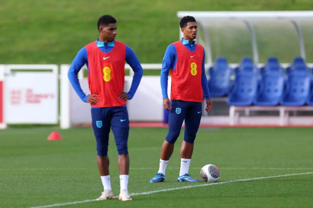 BURTON-UPON-TRENT, ENGLAND - OCTOBER 10: Marcus Rashford and Jude Bellingham of England look on during a training session at St Georges Park on October 10, 2023 in Burton-upon-Trent, England.