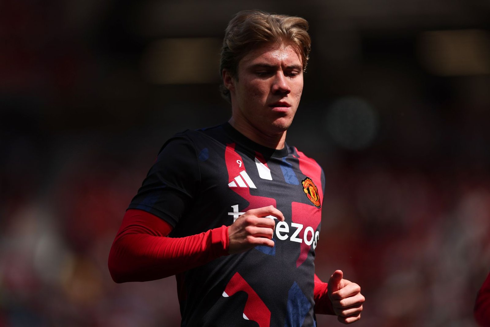 MANCHESTER, ENGLAND - MAY 11: Rasmus Hojlund of Manchester United during the Premier League match between Manchester United FC and West Ham United FC at Old Trafford on May 11, 2025 in Manchester, England.