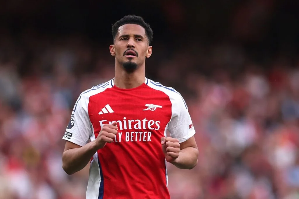 LONDON, ENGLAND - APRIL 12: William Saliba of Arsenal during the Premier League match between Arsenal FC and Brentford FC at Emirates Stadium on April 12, 2025 in London, England.