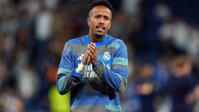 Eder Militao of Real Madrid applauds the fans prior to the LaLiga EA Sports match between Real Madrid CF and Valencia CF at Estadio Santiago Bernabeu on November 01, 2025 in Madrid, Spain.