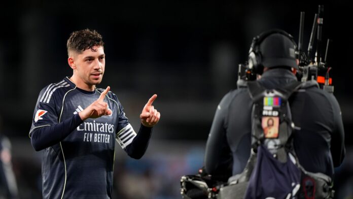 Federico Valverde of Real Madrid celebrates scoring his team's second goal during the LaLiga EA Sports match between RC Celta de Vigo and Real Madrid CF at Estadio Abanca-Balaidos on March 06, 2026 in Vigo, Spain.